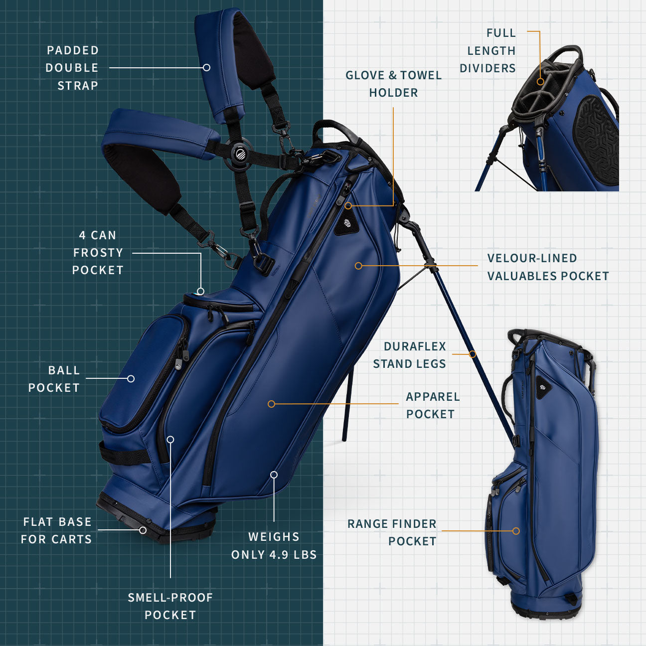 תיק גולף Sunday Golf Ryder S-Class | Navy Vegan Leather Full Size Stand Bag